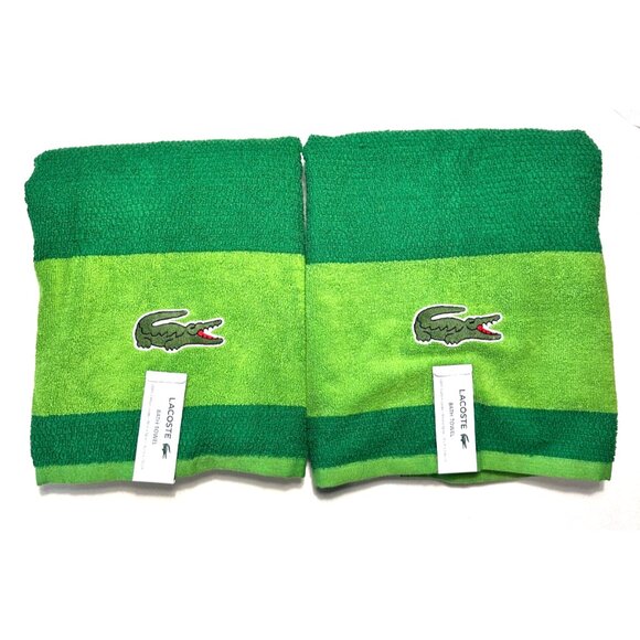 LACOSTE Set of 2 Big Crocodile Logo Bath Towels Green 100% Cotton 30” x 52” NWT - Picture 1 of 7